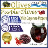 Purple Olives with Cayenne Peppers,100% Tunisian Purple Table Olives, Purple Table Olives with Cayenne Peppers. 370 ml Glass Jar