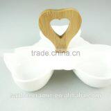 Wholesale Ceramic White Dinner Plate Divided Serving Platter & Wooden Handle thumbnail-5