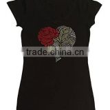 Womens Fashion T-shirt with Heart with Rose in Rhinestones