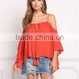 MGOO 2017 New Style Beach Casual Linen Red Blouses Viscose Tie Up Tunic Loose Style Fashion Off Shoulders thumbnail-2
