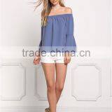 MGOO New Custom Designs Plain Blue Blouses Off Shoulder Long Sleeves Flare Opening Fashion Viscose Blouses thumbnail-4