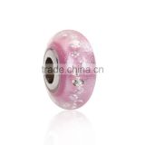 Lampwork Glass & Cubic Zirconia European Style Large Hole Charm Beads Round Light Pink Clear W/ Stainless Steel Core