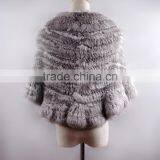 YR433 Women Stretch Real Rabbit Fur Cape Thick Knit Top Quality Fur Shawl thumbnail-4