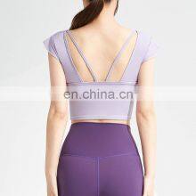Wholesale Custom Logo Front Cross Ruffle Sleeve Yoga Tee Ladies Gym Sports Wear Yoga Crop Top Women High Quality Yoga T-Shirt thumbnail-1