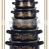 Full Phoenix Decal Dark Navy Blue Double Handle Enamel Cookware Set Kitchenware Enamel Pot 5 Pcs Stock Belly Pot With Glass Lid thumbnail-1