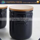 Black Ceramic Tea Coffee Sugar Biscuit Canister Set With Wooden Cover thumbnail-2