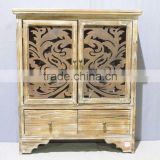 Antique wooden case with metal decor openings and drawers