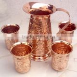 SET OF 100% PURE COPPER JUG WITH FOUR COPPER TUMBLERS FOR WATER, BEER, MOSCOW MULE, GINGER VODKA