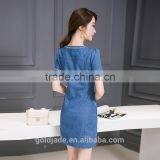 Lastest Design Oem Spring Blue V-neck Short Sleeve Denim Wash Double Shirt Ladies Dresses thumbnail-3