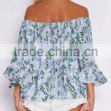 Latest Printing Design Free Feel Woman Summer Tops off Shoulder Long Sleeve Tops With Lace Trim thumbnail-5