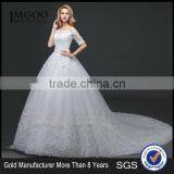 MGOO Off Shoulder Short Sleeve Shinny Beaded Lace Hem A-line Floor Length Wedding Dress Crisscross Back thumbnail-1