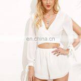White Sexy V Neck Wrap Crop Jumpsuit Casual Elegant Playsuit Split Long Sleeve Jumpsuit thumbnail-1