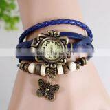 Hot Selling Fashion Style Ladies Charm Leather Vintage Wrist Watch With Butterfly Pendant
