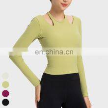 New Ladies T-shirt Running Wear Custom Sports Shirts Gym Fitness Top Women Long Sleeve Ribbed Strappy Halter Yoga T Shirt thumbnail-5