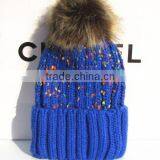 Fashion Korean Coloured Thread Knitting Faux Fur Pom Pom Beanie Hat thumbnail-3