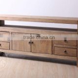Chinese Antique Polish Industrial Metal Natural Solid Wood Sideboard Cabinet
