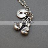Boxing Gloves Necklace and Initial, Silver Boxing Glove Charm, Personalized Initial Necklace,Gold Silver Monogram Necklace thumbnail-2