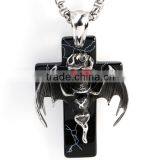Men's Large Black Tone Stainless Steel Bat Skull Cross Pendant thumbnail-2