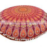 Large Hippie Mandala Floor Throw,Ethnic Home Decorative Pillowcases, Indian Round Pouf Ottoman,Pom Pom Outdoor Cushion Cover