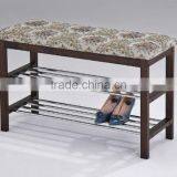 Wood Shoe Bench With Two Metal Racks and Fabric Floral Design Seat Cushion thumbnail-1