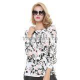 Women's Autumn New Style Back Split Ink Printing Leaves Pattern Long Sleeve Chiffon Shirt thumbnail-2