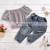 Usa Clothing Kids Baby Girls Summer Striped Tops Pullover T-shirts Hole Denim Pants Jeans Toddler Girl Clothing Sets 2pcs Sets thumbnail-5