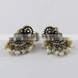 Awesome Marcasite Jhumka Pearl & Black CZ 925 Sterling Silver Earring. Handmade Silver Jewelry, Online Silver Jewelry thumbnail-3