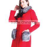 Autumn And Winter Women Medium Length Coat With Fox Fur Pocket Removable Collar Overcoat