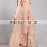 Factory Price Adjustable Tasseled Self-tie Halter Neckline Front V-cut Open Back Flowy Crepe Woven Halter Maxi Dress thumbnail-5