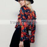Guangzhou Shandao Supplier OEM Custom Design Women Spring Casual Long Flare Sleeve Flower Printed Chiffon Blouse 2016 thumbnail-4
