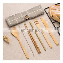 Tableware Set Bamboo Cutlery Set Wood Straw With Travel Cloth Bag Wooden Spoon Fork Knife Dinnerware Wholesale Bamboo thumbnail-5