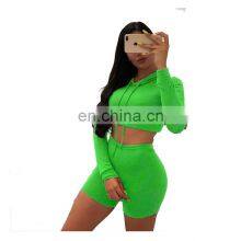 Manufacturer Wholesale Women's Casual Sexy Hooded Shorts Sports Fitness 2-piece Suit Custom Hoodie Crop Top thumbnail-1