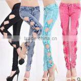 2016 Hot Sale Colored Bowknot Hollow-out Design Women Skinny Denim Jeans thumbnail-1
