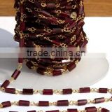 10 Feet Rectangle Shape Garnet Rosary Style Beaded Chain, Gold Plated Wire Wrapped Chain, Handmade Beaded Chain,