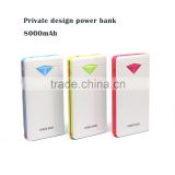 hottest 8000mAh ultra slim power bank with diamond design,adaptor for Iphone, CE Rohs approve