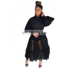 (Belt Not Included) Customized New Women's Fashion Big Size Nightclub Mesh Translucent Stitching Long Sleeve Dress thumbnail-1