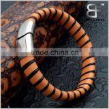 Brown and Black Stripe Leather Braided Cuff Bracelet Wristband, Couples Christmas Gift Stainless Steel Clasp thumbnail-5