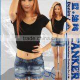 S1568 Sexy Hot Girls Dark Wash Flared Ripped Denim Mini Shorts With Bottom Hem Fringes Pants thumbnail-6