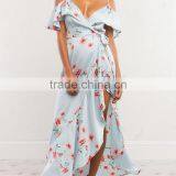 Mature Women Floral Wrap Dresses 2018 Cold Shoulder Frill Maxi Dress thumbnail-6