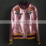 Wholesale Real Sheepskin Baseball uniform Metallic Pink Leather Jackets