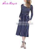 Big Discount 3 4 Sleeve Stripe Women Latest Casual Designs Midi Ladies Casual Dress thumbnail-5