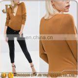 Custom Causal Long Sleeve T-shirts V-neck Tops Tan Color Tops for Women Tops for Women thumbnail-1