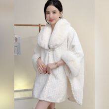High-end Solid Color Large Fur Collar Shawl Coat Plush Thickened Warm Medium Length Large Size Loose Cape Cardigan thumbnail-4