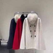 Schwarzes und goldenes umhangartiges neues beidseitiges Kaschmirmantel für Herbst und Winter 24, kleines Wollmäntelchen für Kinder, Mittelstreckenmäntel mit Fuchsfell thumbnail-2