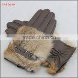 Women's Grey Wholesale Sheepskin Dresses Leather Gloves With Brown Rabbit Fur thumbnail-5