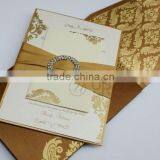 Gold Silk Wedding Invitation With Rhinestone Brooch and Ribbon ON SALE thumbnail-2