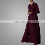 ManXun Modern Muslim Women Maroon Long Abaya Dress With Belt Islamic Kimono Clothing For Ladies thumbnail-3