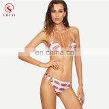 Geometric Print Halter Crochet Neck Bikini Set thumbnail-1