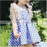 New Arrival Children Clothes Lace Trim Bule Plaid Kids Clothing Wholesale 100%cotton Baby Nice Dress thumbnail-3