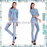 Soft Smooth Breathable Light Blue Color Fade Protected Enzyme Bleaching Washed Combed Cotton Lady's Denim Long Sleeve Shirts thumbnail-2